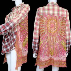 Aratta Silent Journey High Low Blouse Button-up Plaid Mandala Women's Small